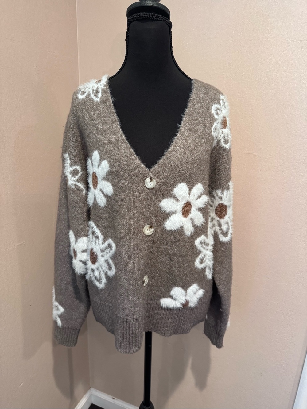 Fuzzy Taupe Floral Button-Front Cardigan Sweater W/ White Flowers